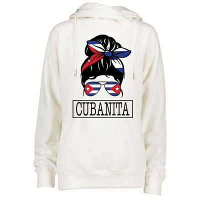 Cubanita Messy Bun Cuban Flag Cuba Womens Funnel Neck Pullover Hood