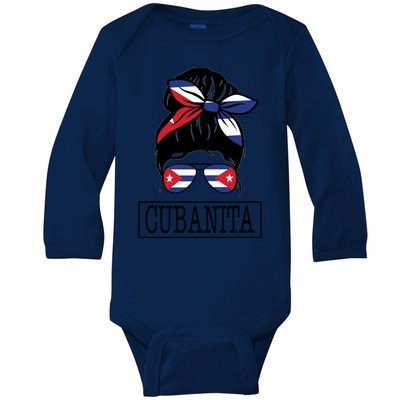 Cubanita Messy Bun Cuban Flag Cuba Baby Long Sleeve Bodysuit