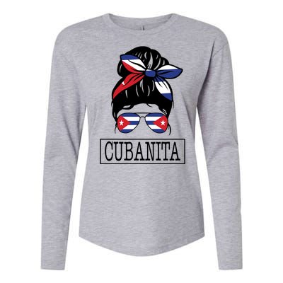 Cubanita Messy Bun Cuban Flag Cuba Womens Cotton Relaxed Long Sleeve T-Shirt