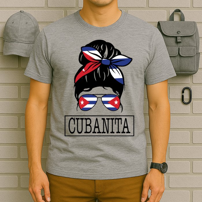 Cubanita Messy Bun Cuban Flag Cuba T-Shirt
