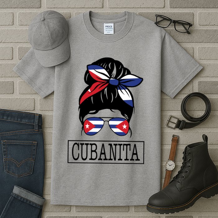 Cubanita Messy Bun Cuban Flag Cuba Tall T-Shirt