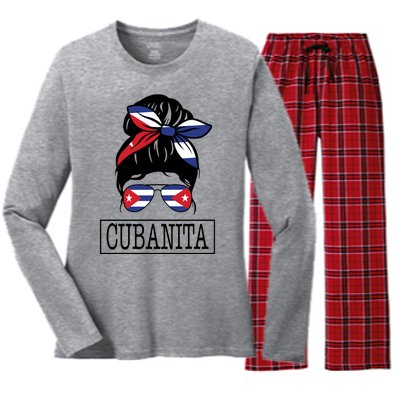 Cubanita Messy Bun Cuban Flag Cuba Women's Long Sleeve Flannel Pajama Set 