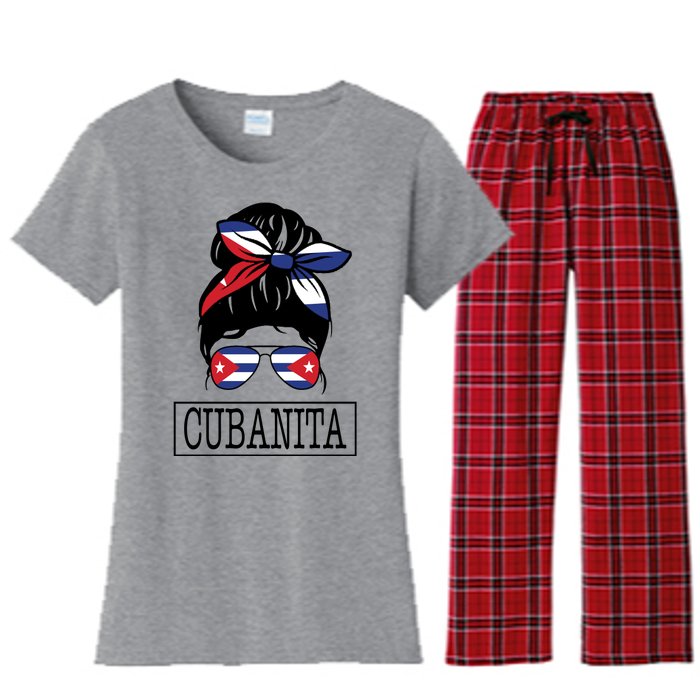 Cubanita Messy Bun Cuban Flag Cuba Women's Flannel Pajama Set