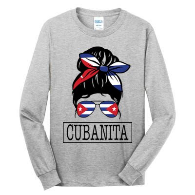 Cubanita Messy Bun Cuban Flag Cuba Tall Long Sleeve T-Shirt