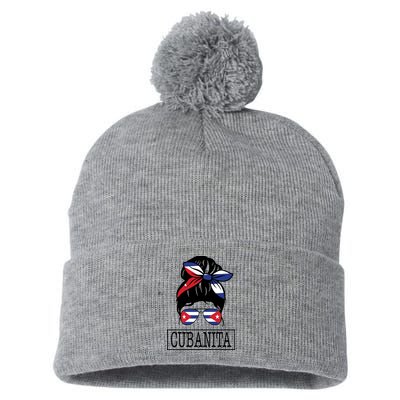 Cubanita Messy Bun Cuban Flag Cuba Pom Pom 12in Knit Beanie