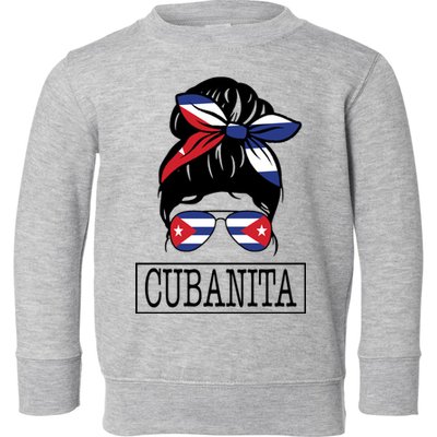 Cubanita Messy Bun Cuban Flag Cuba Toddler Sweatshirt