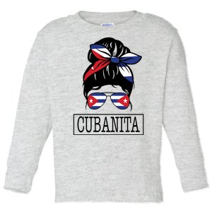 Cubanita Messy Bun Cuban Flag Cuba Toddler Long Sleeve Shirt