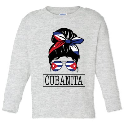 Cubanita Messy Bun Cuban Flag Cuba Toddler Long Sleeve Shirt