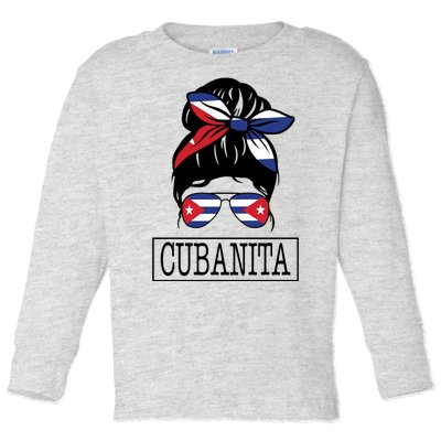 Cubanita Messy Bun Cuban Flag Cuba Toddler Long Sleeve Shirt