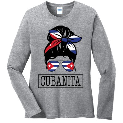Cubanita Messy Bun Cuban Flag Cuba Ladies Long Sleeve Shirt
