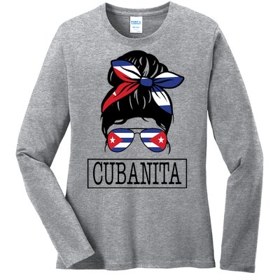 Cubanita Messy Bun Cuban Flag Cuba Ladies Long Sleeve Shirt