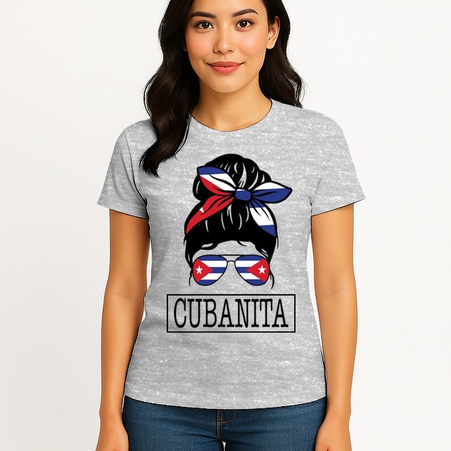 Cubanita Messy Bun Cuban Flag Cuba Womens T-Shirt