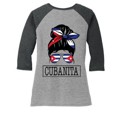 Cubanita Messy Bun Cuban Flag Cuba Women's Tri-Blend 3/4-Sleeve Raglan Shirt