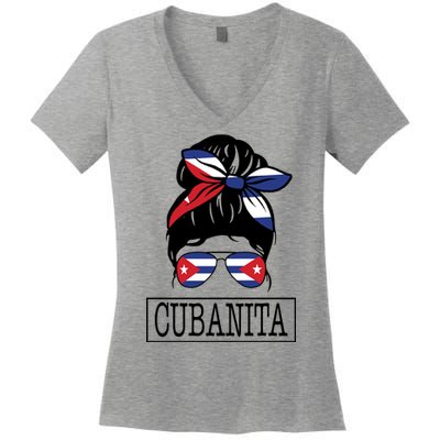 Cubanita Messy Bun Cuban Flag Cuba Women's V-Neck T-Shirt