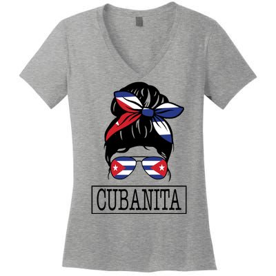 Cubanita Messy Bun Cuban Flag Cuba Women's V-Neck T-Shirt