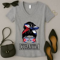 Cubanita Messy Bun Cuban Flag Cuba Women's V-Neck T-Shirt
