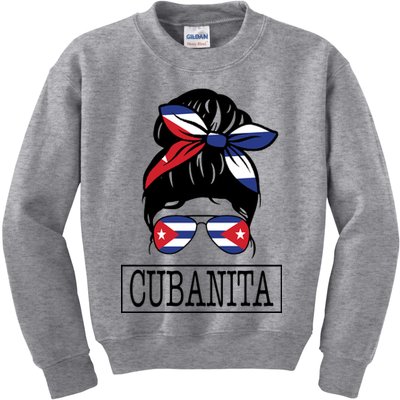 Cubanita Messy Bun Cuban Flag Cuba Kids Sweatshirt