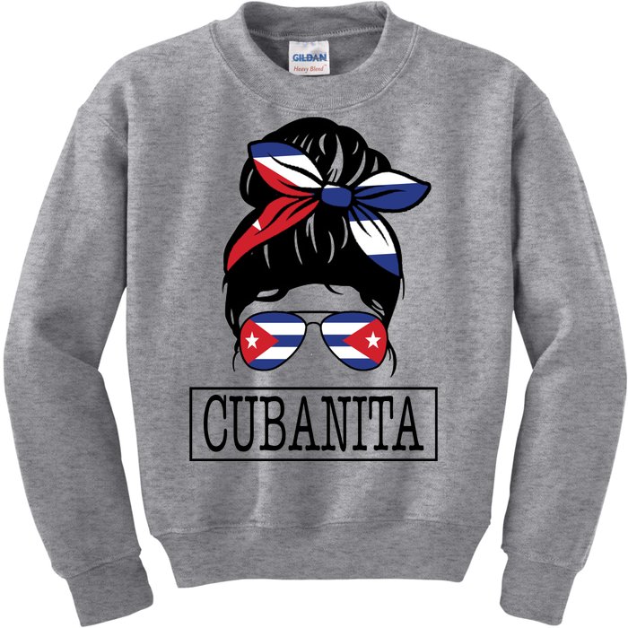 Cubanita Messy Bun Cuban Flag Cuba Kids Sweatshirt