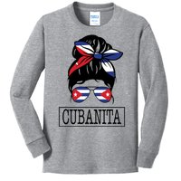 Cubanita Messy Bun Cuban Flag Cuba Kids Long Sleeve Shirt