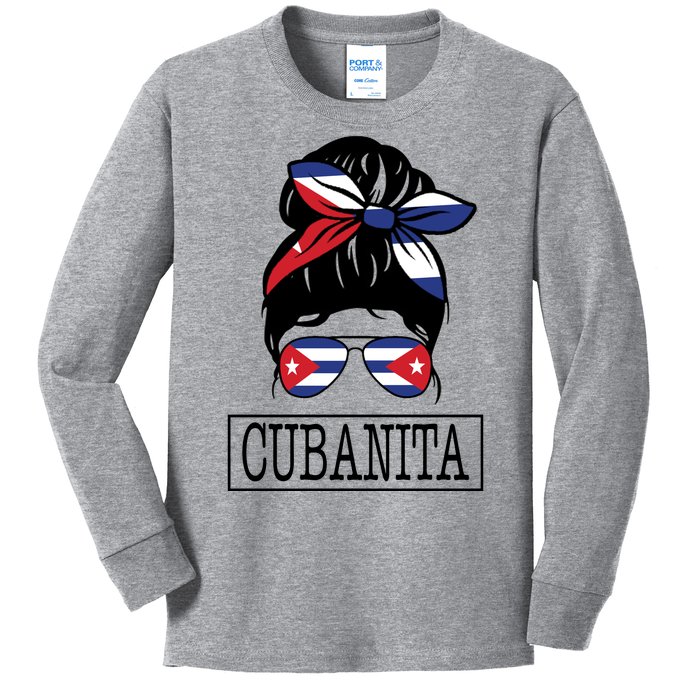 Cubanita Messy Bun Cuban Flag Cuba Kids Long Sleeve Shirt