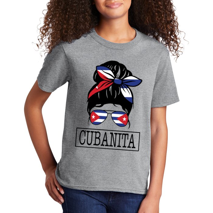 Cubanita Messy Bun Cuban Flag Cuba Kids T-Shirt
