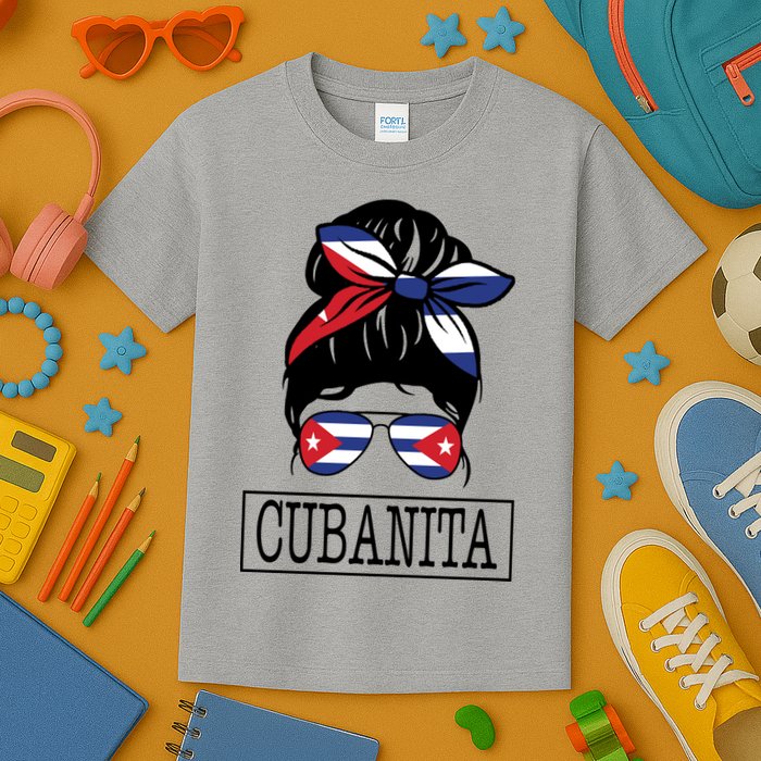 Cubanita Messy Bun Cuban Flag Cuba Kids T-Shirt