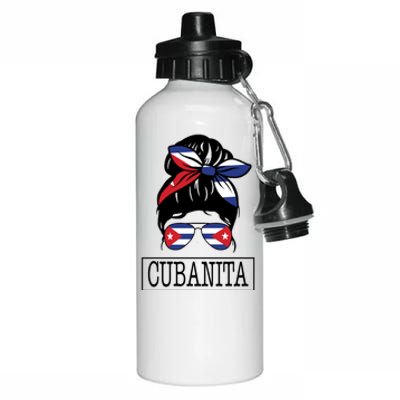 Cubanita Messy Bun Cuban Flag Cuba Aluminum Water Bottle