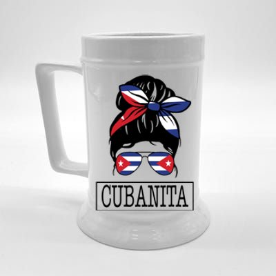 Cubanita Messy Bun Cuban Flag Cuba Beer Stein