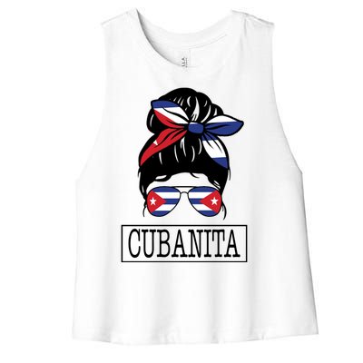 Cubanita Messy Bun Cuban Flag Cuba Women's Racerback Cropped Tank