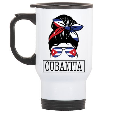 Cubanita Messy Bun Cuban Flag Cuba Stainless Steel Travel Mug