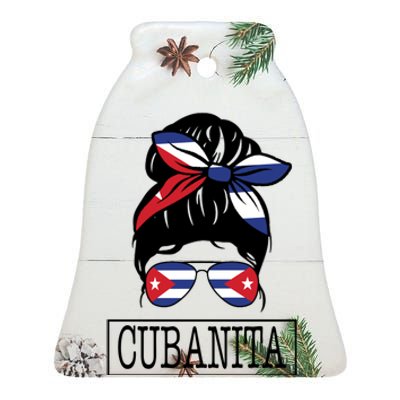 Cubanita Messy Bun Cuban Flag Cuba Ceramic Bell Ornament