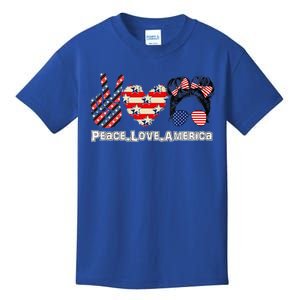 Cute Messy Bun America Flag Peace Love America 4th Of July Gift Kids T-Shirt