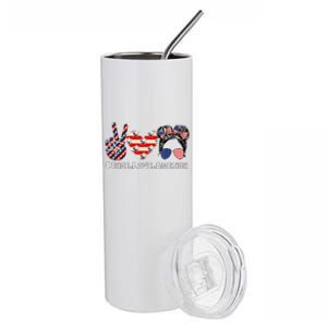 Cute Messy Bun America Flag Peace Love America 4th Of July Gift Stainless Steel Tumbler