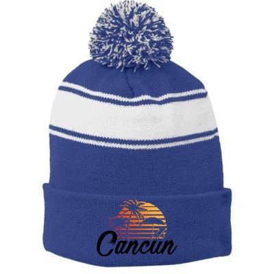 Cancun Mexico Beach Palm Tree Party Destination Gift Stripe Pom Pom Beanie