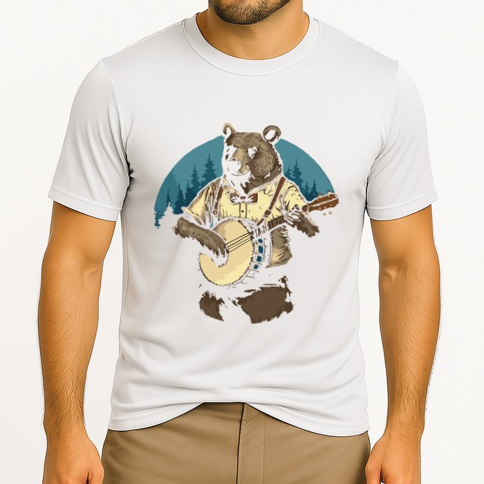 Country Music Bear Banjo Player Awesome Folk Cooling Performance Crew T-Shirt