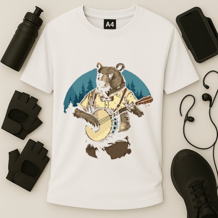 Country Music Bear Banjo Player Awesome Folk Cooling Performance Crew T-Shirt
