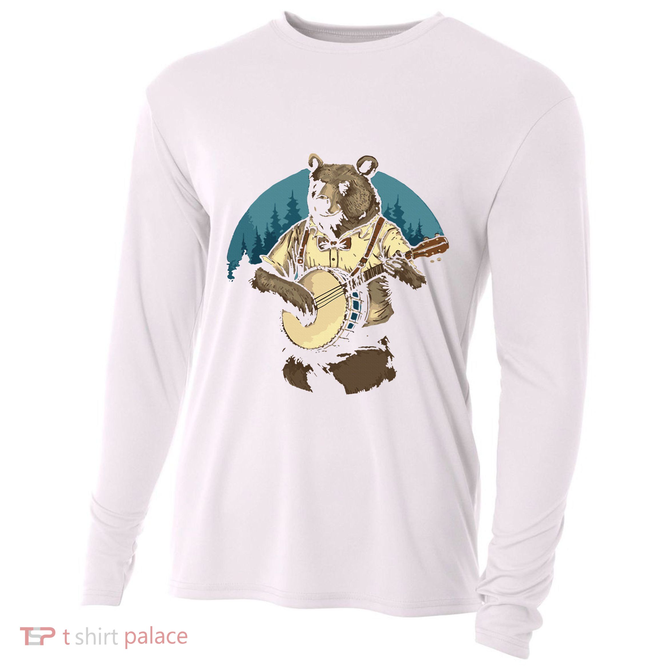 Country Music Bear Banjo Player Awesome Folk Cooling Performance Long Sleeve Crew