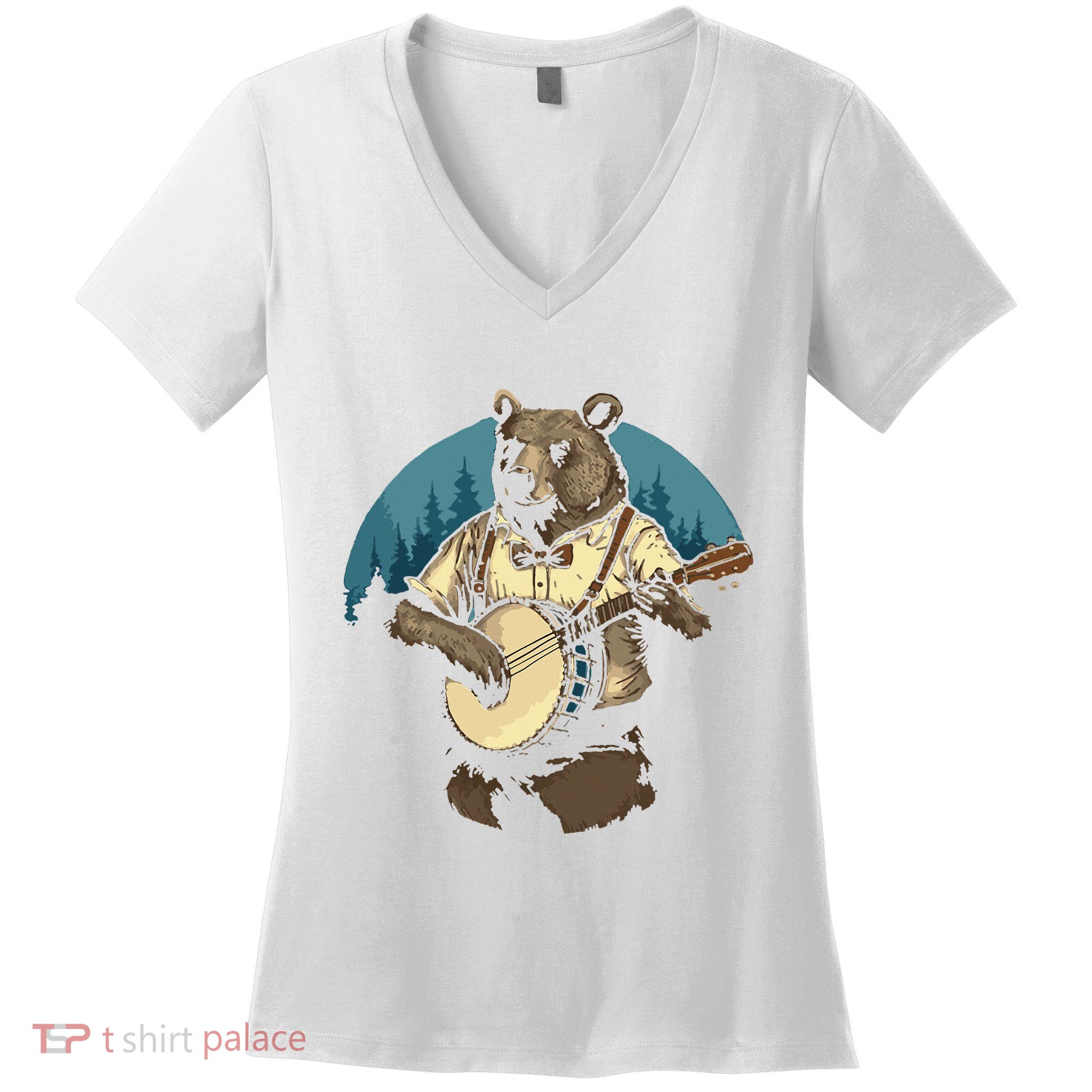 Country Music Bear Banjo Player Awesome Folk Women's V-Neck T-Shirt