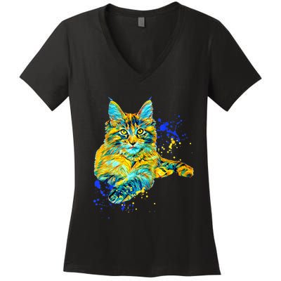 Colorful Maine Coon Big Cat Love Bigger Cats Cute Mom Women's V-Neck T-Shirt