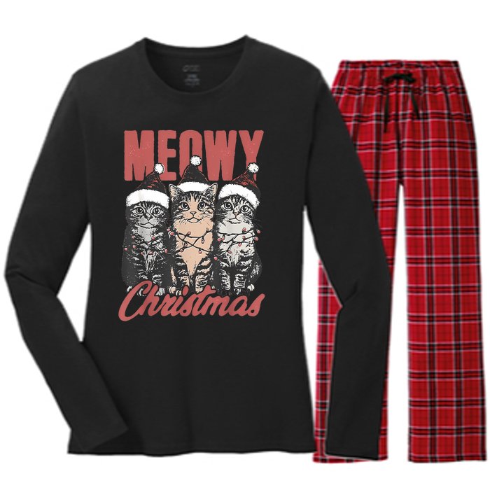 Cats Meowy Christmas Vintage Cat Ladies Women's Long Sleeve Flannel Pajama Set 