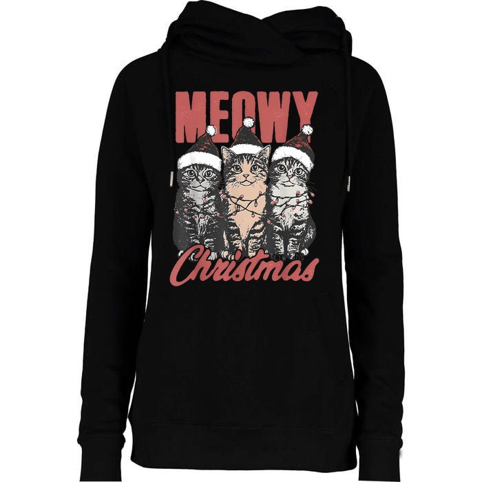 Cats Meowy Christmas Vintage Cat Ladies Womens Funnel Neck Pullover Hood