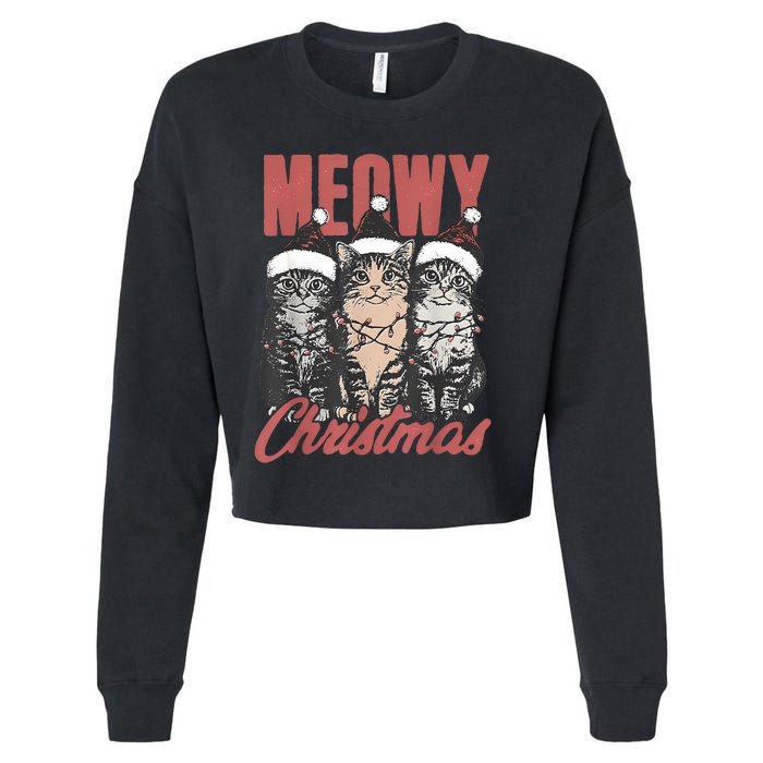 Cats Meowy Christmas Vintage Cat Ladies Cropped Pullover Crew