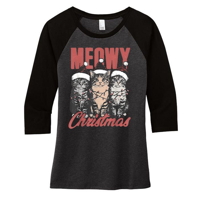 Cats Meowy Christmas Vintage Cat Ladies Women's Tri-Blend 3/4-Sleeve Raglan Shirt