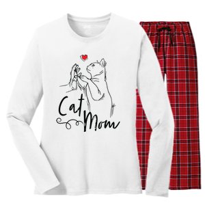 Cat Mom Cute Cat Illustration With Human Hand And Heart Women's Long Sleeve Flannel Pajama Set 