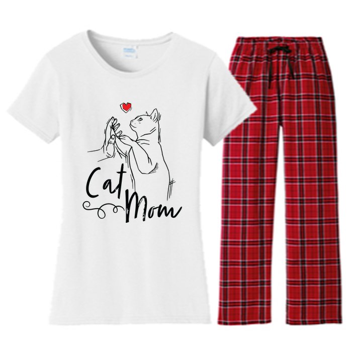 Cat Mom Cute Cat Illustration With Human Hand And Heart Women's Flannel Pajama Set