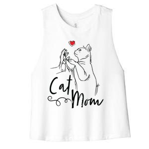 Cat Mom Cute Cat Illustration With Human Hand And Heart Women's Racerback Cropped Tank