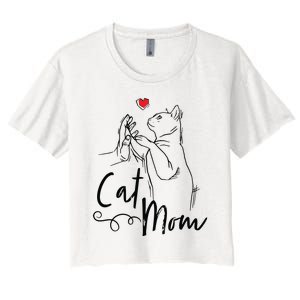 Cat Mom Cute Cat Illustration With Human Hand And Heart Women's Crop Top Tee