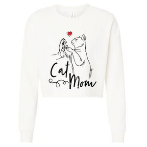 Cat Mom Cute Cat Illustration With Human Hand And Heart Cropped Pullover Crew