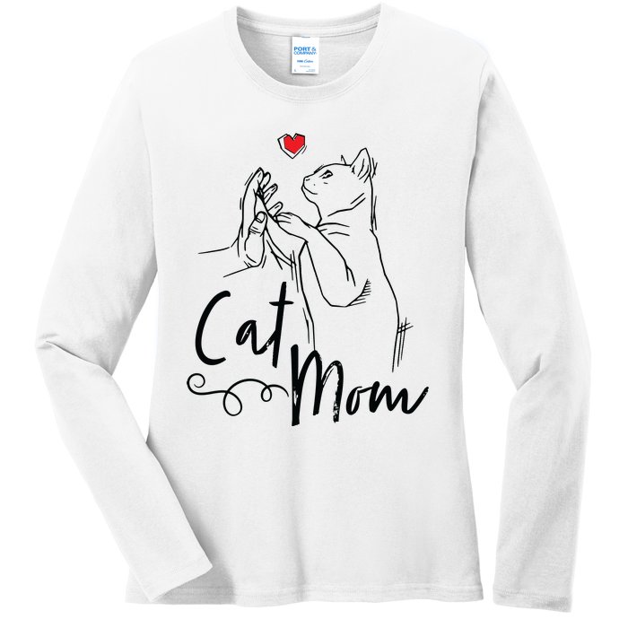 Cat Mom Cute Cat Illustration With Human Hand And Heart Ladies Long Sleeve Shirt