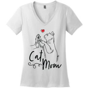 Cat Mom Cute Cat Illustration With Human Hand And Heart Women's V-Neck T-Shirt